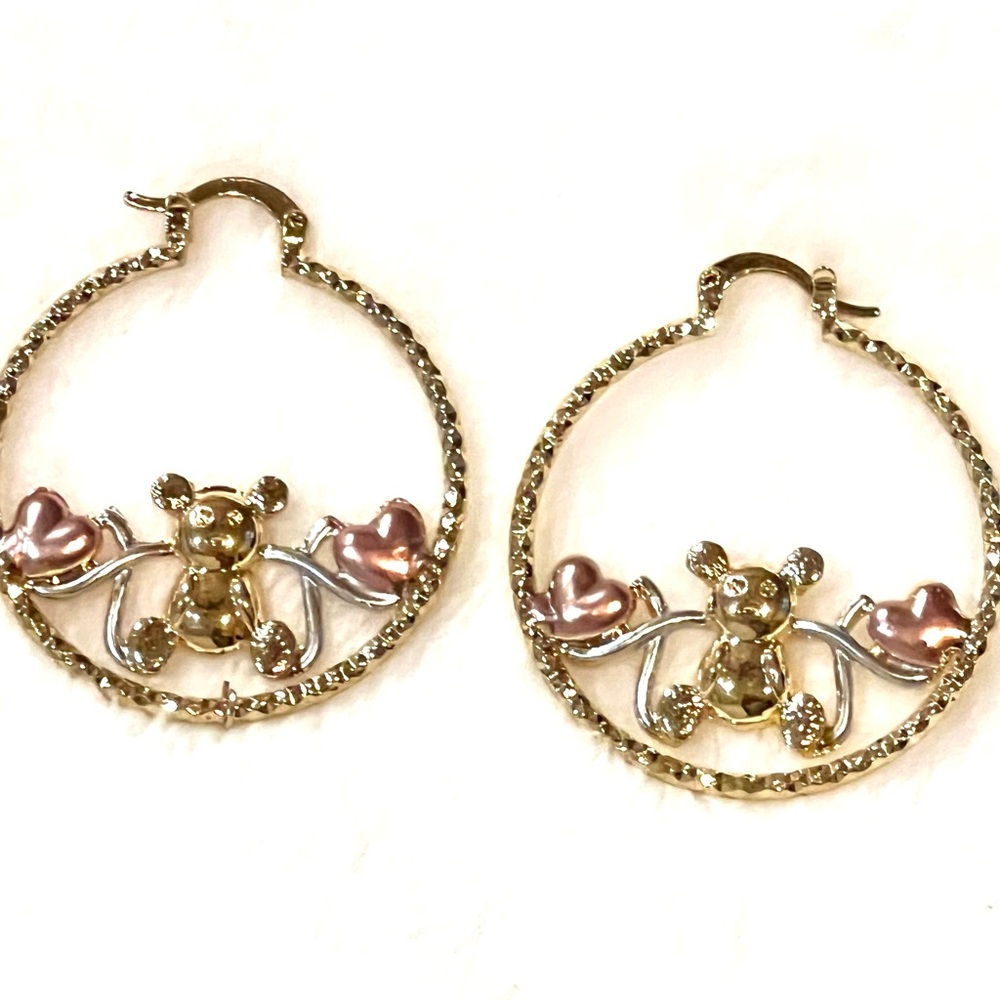Gold and Pink Teddy Bear Hoop Earrings